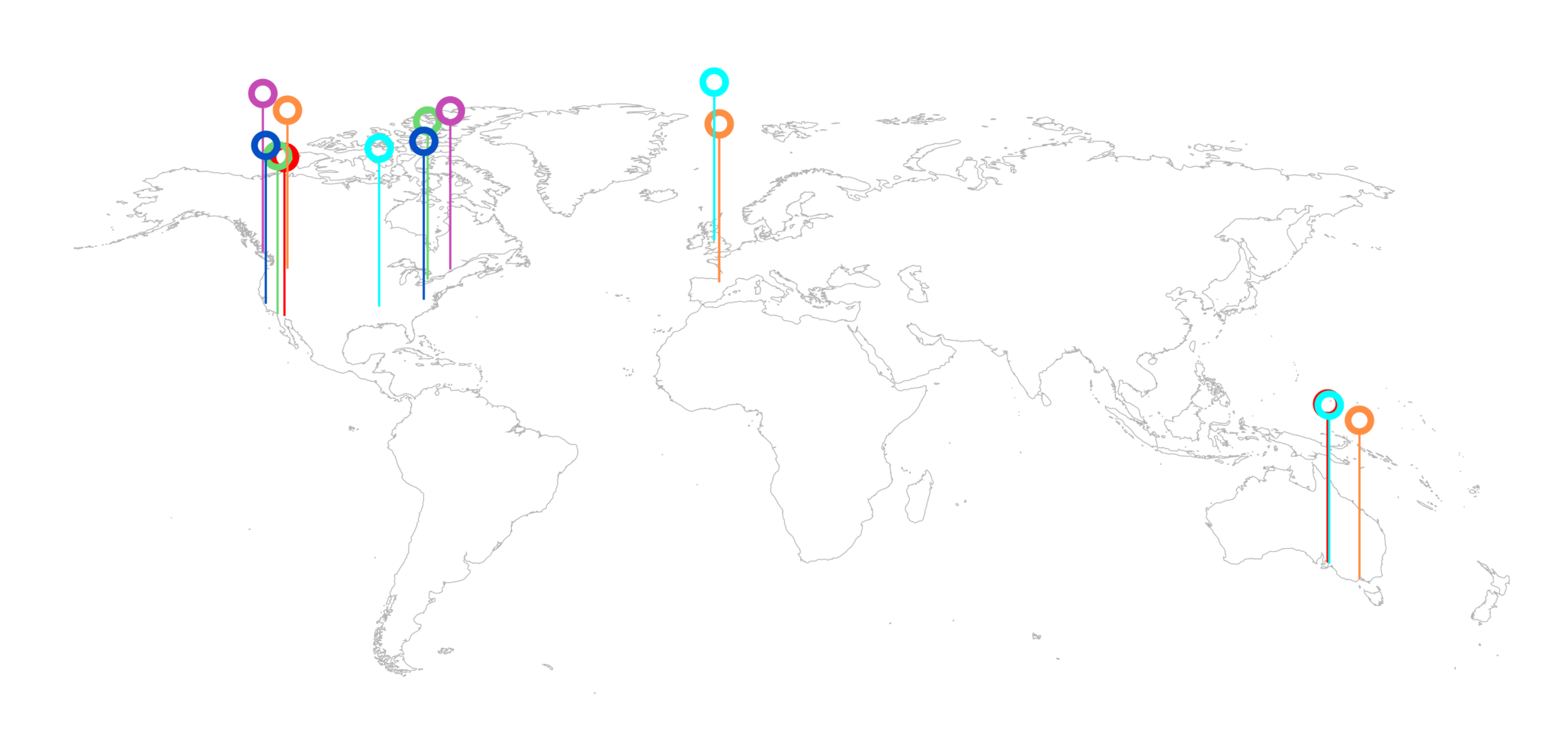 An image showing approximate world locations of survey participants. They are from around the world: USA, Canada, United Kingdom, Spain, and Australia. Having an online platform aids in the participants wanting to join in and contribute to the quality of this research.