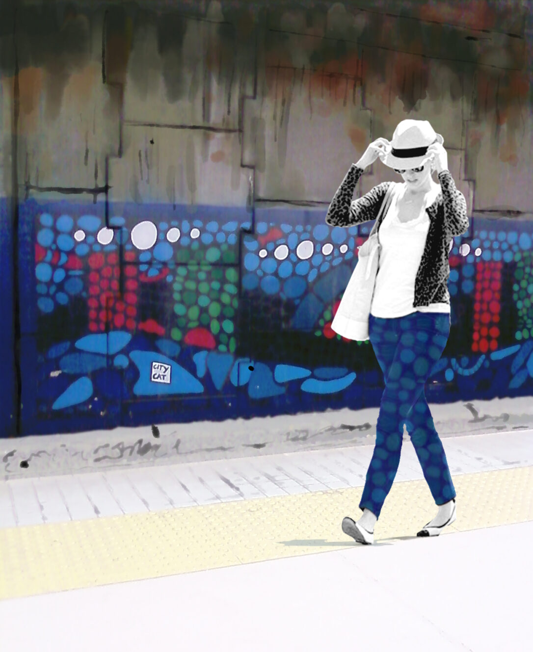 Image made long ago (2011) to explain to the neurosurgeons my visual symptom. A woman walking along a train station platform. Behind her, on the wall a large scale painted colourful patterned mural. This pattern transfers onto the woman's jeans and continues to move with her as she walks along the platform.