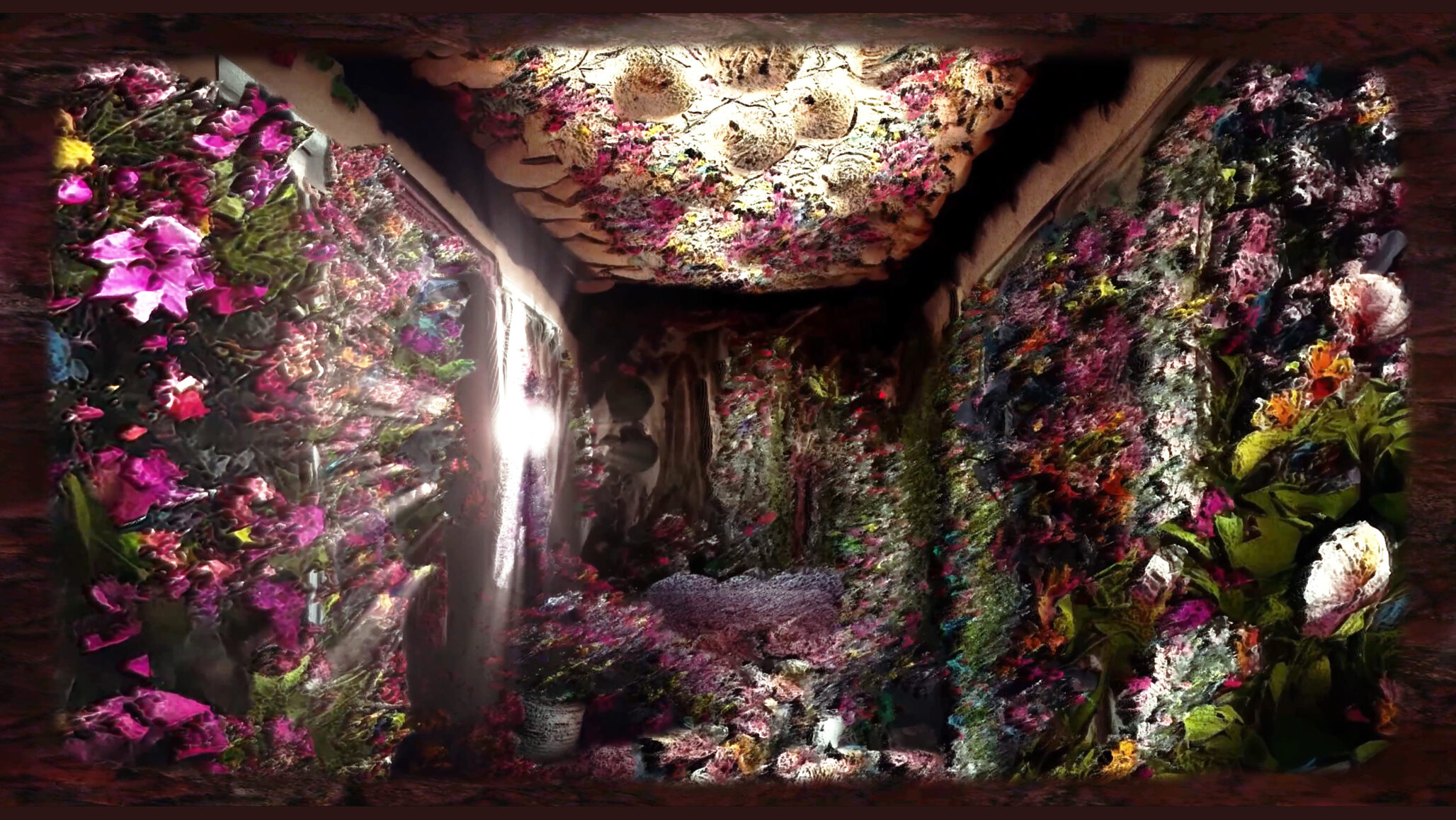 Link to Participant twenty-two's private page. A hallway completely engulfed with flowers. Despite their seemingly pleasant nature, these flowers provoke feelings of entrapment as they appear threatening and overpowering.