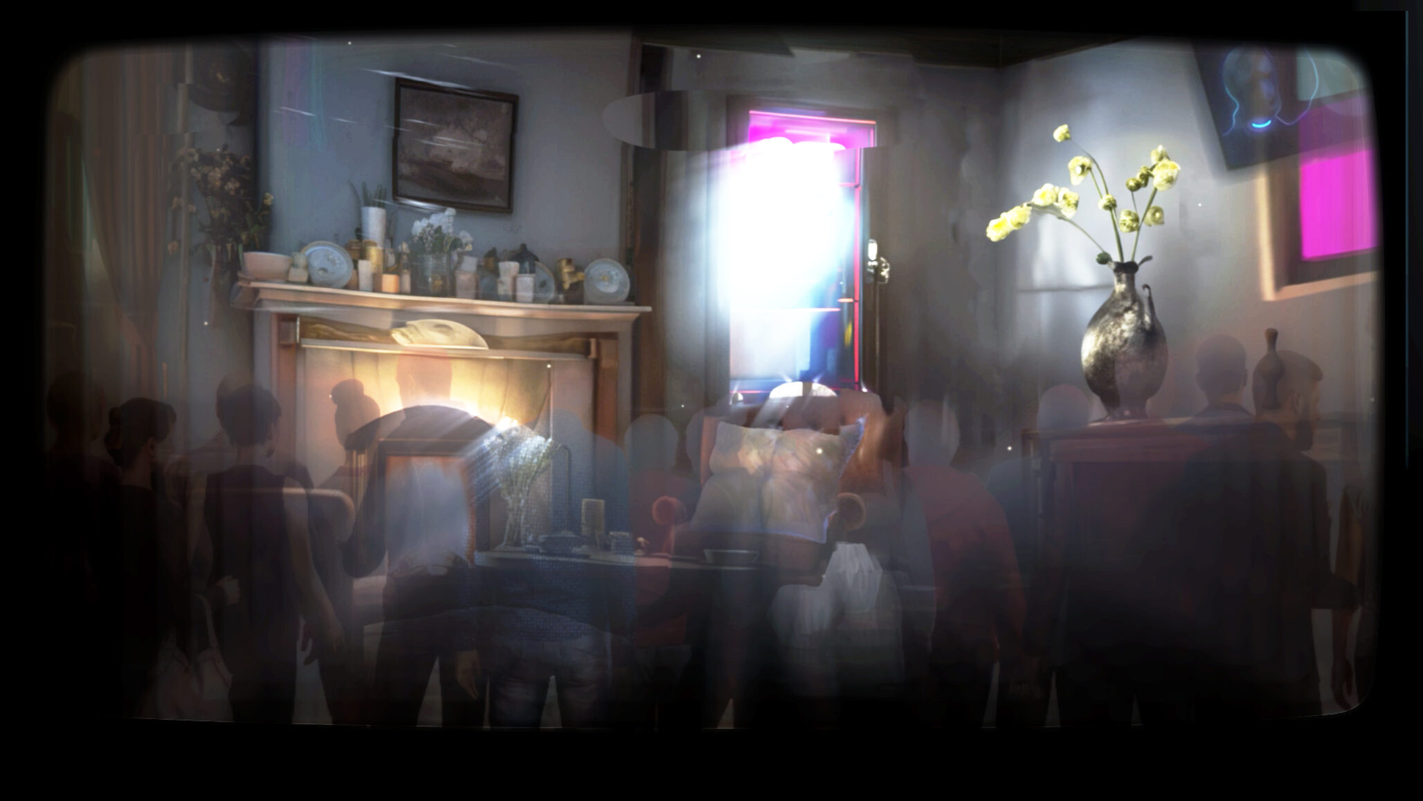 Link to Participant twenty-eight's private page. A picture of a lounge room, yet it deviates from the ordinary. The interior is unfamiliar, with each detail altered and rearranged in peculiar ways. Doorways shift like sand beneath one's feet; all feels foreign save for the fireplace – that familiar gas fire. Once my eyes latch onto its comforting glow, I can navigate this ever-changing landscape of everchanging visions. Seated within this surreal space, is a frightening space.