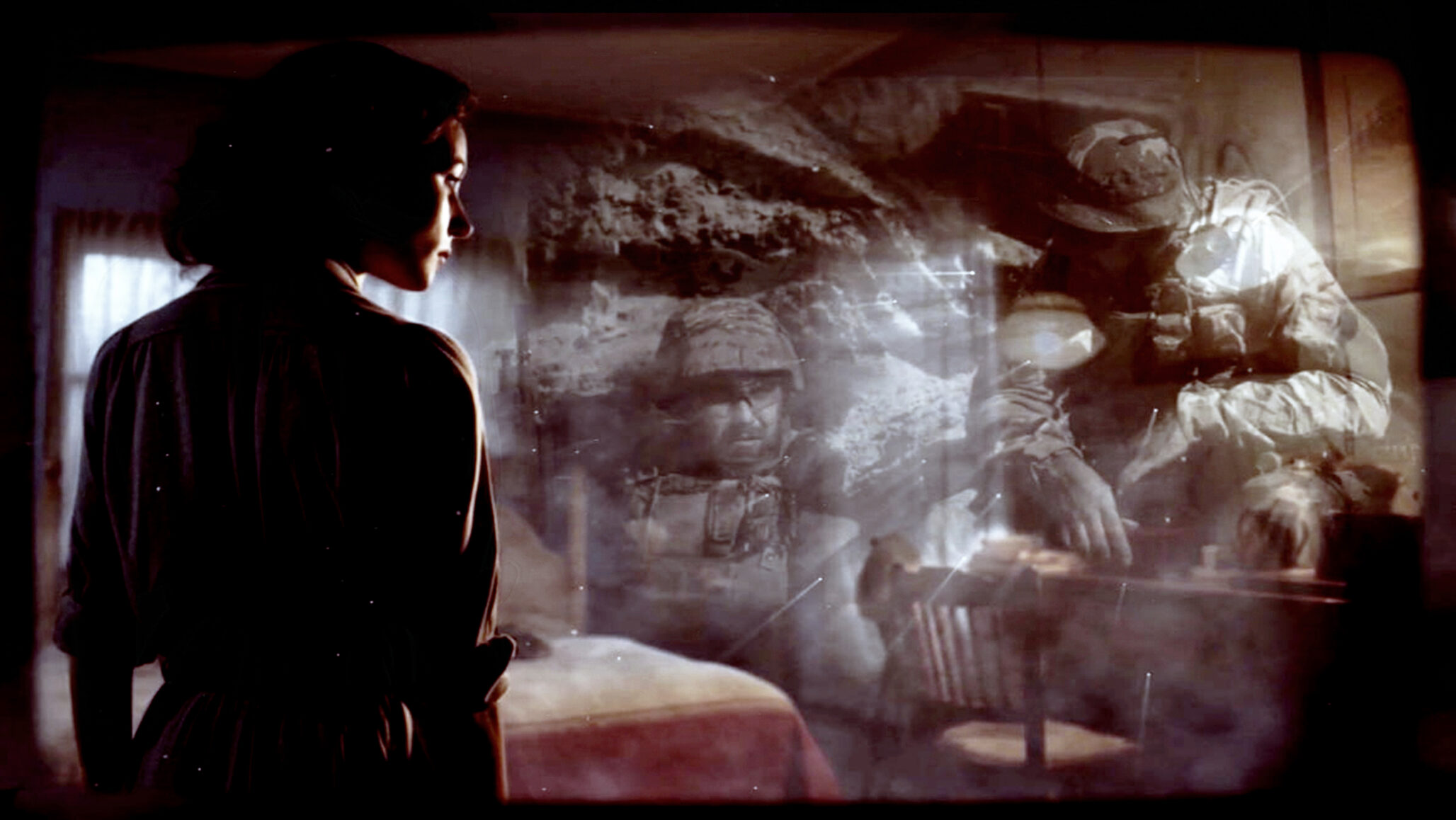 Link to Participant thirty-four's private page. A picture of a woman in a bedroom, gazes as if viewing an old Super 8 film. Visions from a war invade the scene; two soldiers adorned with distinct circular hats emerge like ghosts from the past. Her thoughts drift to World War II - could it be?