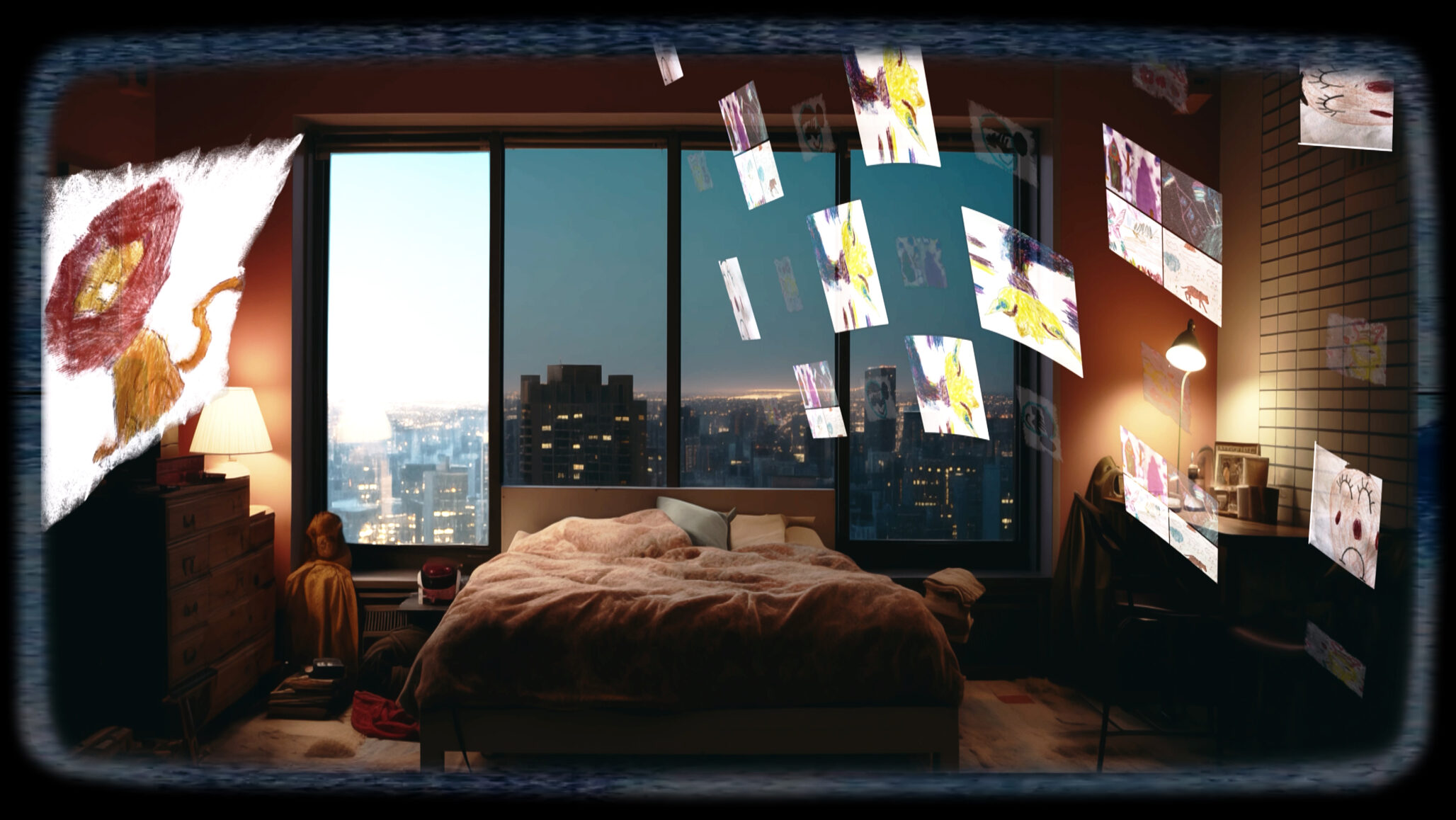 Link to Participant Fifty's private page. A picture of a charming bedroom, yet an oddity lingers. Despite it being nighttime outside, radiant beams of sunshine pierce through. And, the ceiling, the wall, the carpet, the bed was covered from top to bottom ... it was like a checkerboard. That was a bit spooky... child like posters, childrens drawings. They come in as flash cards - dogs and cats, anything!, very vivid. A peculiar scene I hadn’t anticipated at all.